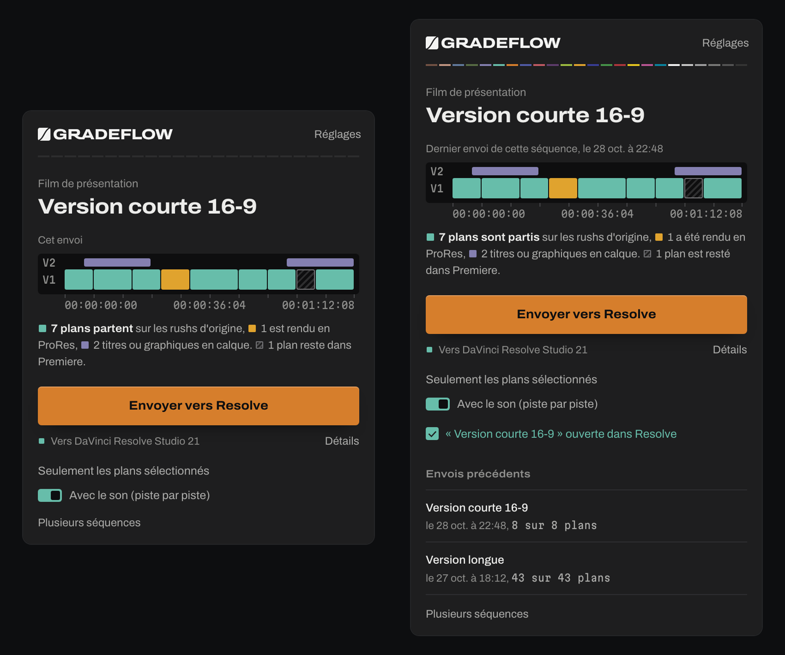 The GRADEFLOW panel in Premiere Pro, on the left ready to send the sequence “Version courte 16-9”, on the right after the send, with the history of earlier sends.